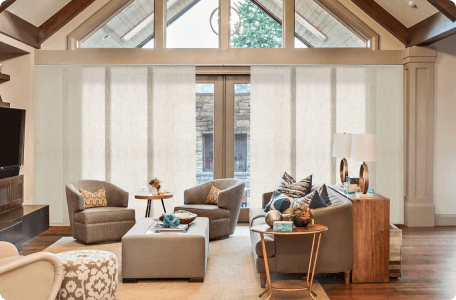 Modern panel track shades for large windows and sliding doors by Bloomin' Blinds